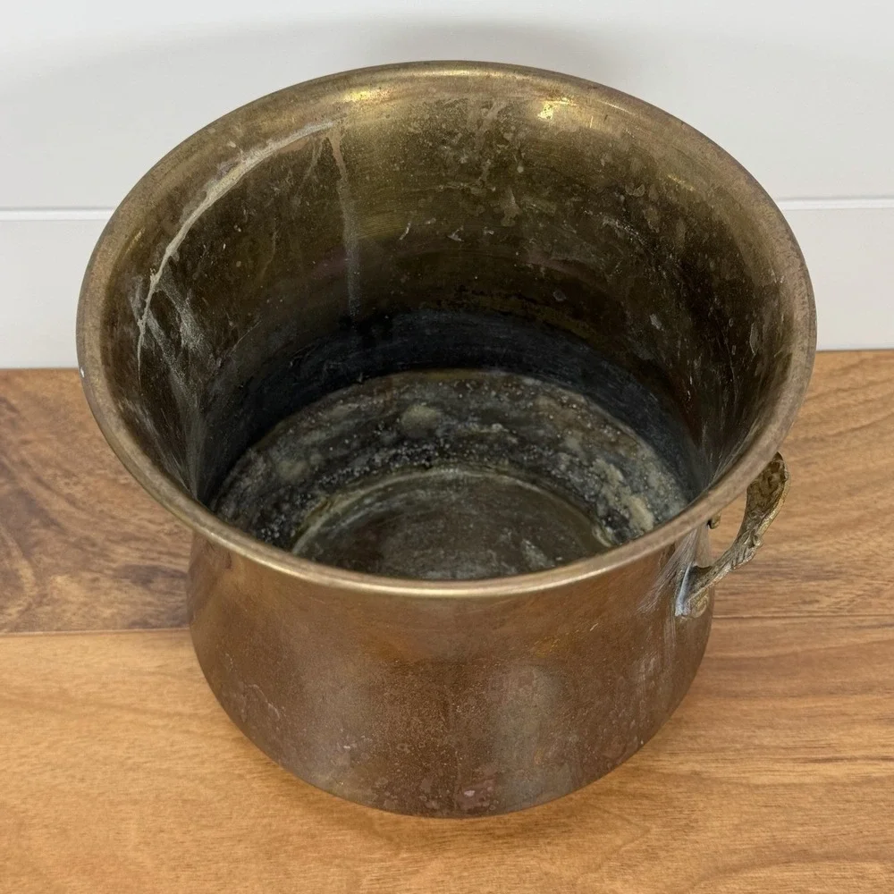 VTG Brass Planter Cachepot Pot With Handles Patina Cottagecore Boho Cauldron